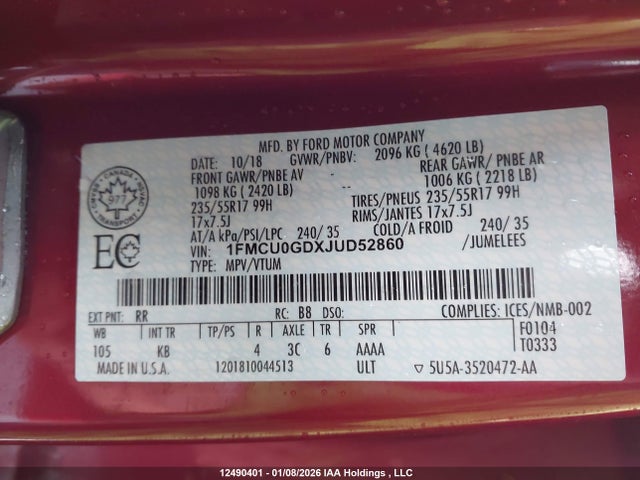1FMCU0GDXJUD52860 Ford ESCAPE SE