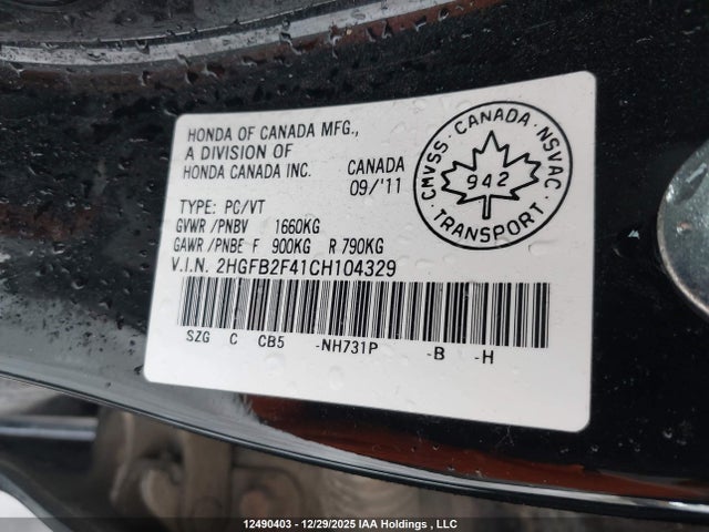 Aukcja sprzedaży 2012 Honda Civic Lx, vin: 2HGFB2F41CH104329, numer aukcji: 12490403
