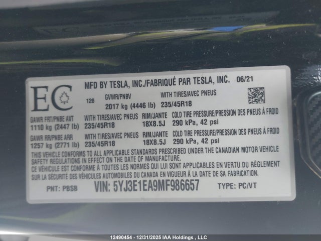 2021 Tesla Model 3 მანქანა იყიდება აუქციონზე, vin: 5YJ3E1EA9MF986657, აუქციონის ნომერი: 12490454