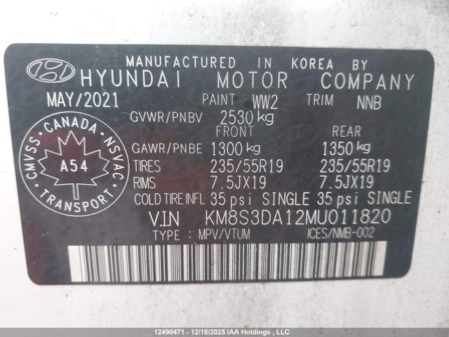KM8S3DA12MU011820 Hyundai Santa Fe Sel Premium