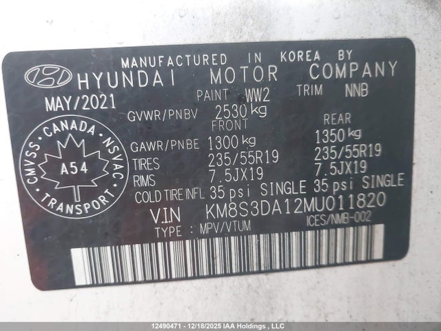 KM8S3DA12MU011820 Hyundai Santa Fe Sel Premium