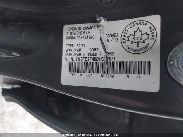 2013 Honda Civic Lx მანქანა იყიდება აუქციონზე, vin: 2HGFB2F48DH038671, აუქციონის ნომერი: 12490495
