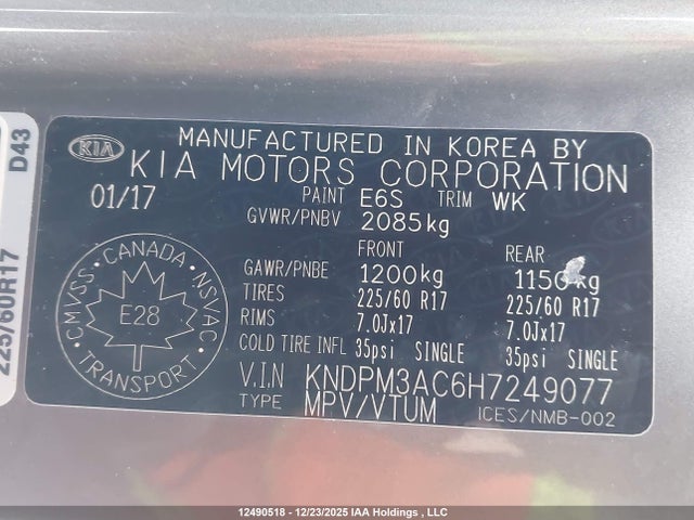 12490518 :رقم المزاد ، KNDPM3AC6H7249077 vin ، 2017 Kia Sportage مزاد بيع