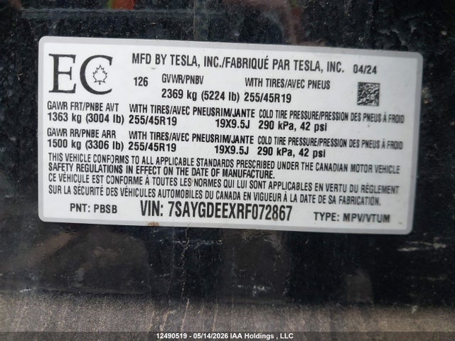 Aukcja sprzedaży 2024 Tesla Model Y, vin: 7SAYGDEEXRF072867, numer aukcji: 12490519