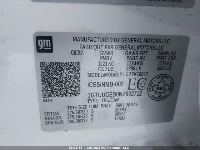 1GTUUCED0NZ602712 GMC Sierra 1500 Elevation