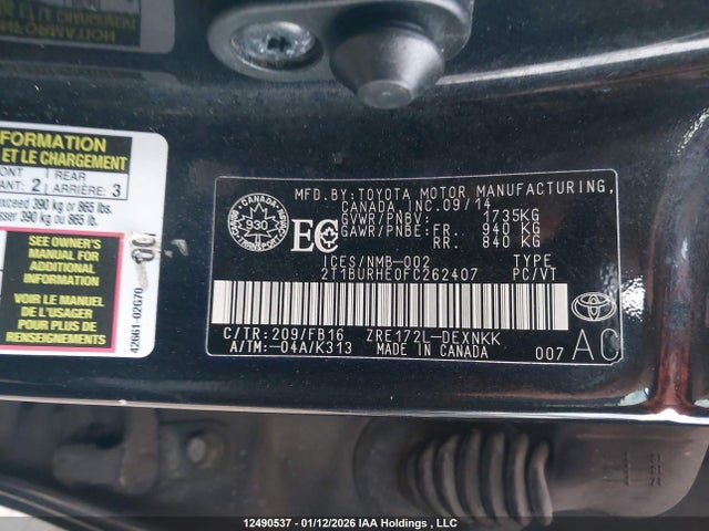 2T1BURHE0FC262407 Toyota Corolla L/le/le Pls/prm/s/s Pls