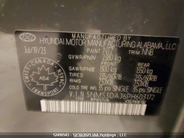 12490543 :رقم المزاد ، 5NMS3DAJ6PH603172 vin ، 2023 Hyundai Santa Fe مزاد بيع