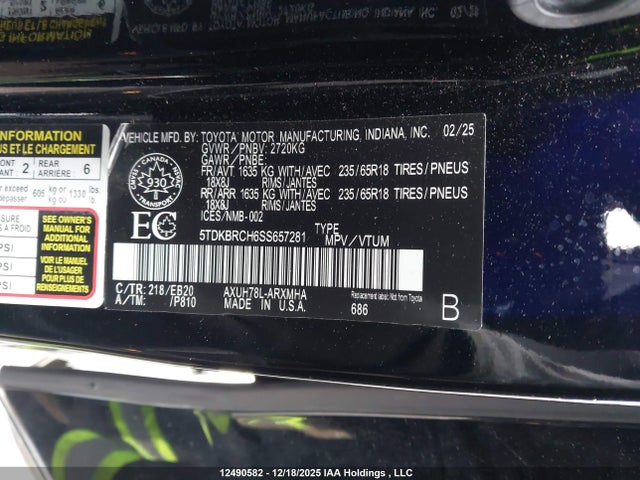2025 Toyota Highlander Hybrid Xle მანქანა იყიდება აუქციონზე, vin: 5TDKBRCH6SS657281, აუქციონის ნომერი: 12490582