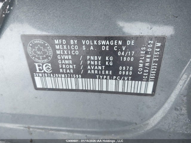 Продажа на аукционе авто 2017 Volkswagen Jetta, vin: 3VW2B7AJ9HM371599, номер лота: 12490681