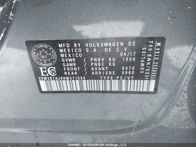 Продажа на аукционе авто 2017 Volkswagen Jetta, vin: 3VW2B7AJ9HM371599, номер лота: 12490681