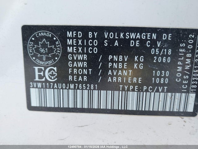 3VW117AU0JM765281 Volkswagen Golf Sportwagen S