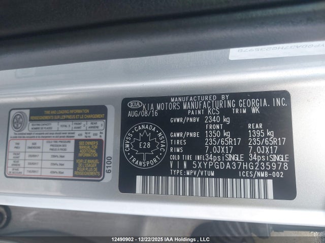 5XYPGDA37HG235978 KIA Sorento 2.4l Lx