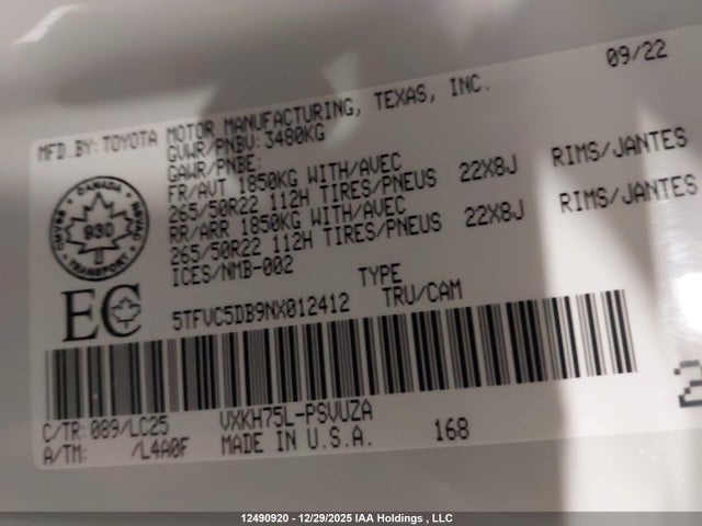5TFVC5DB9NX012412 Toyota Tundra Hybrid Capstone