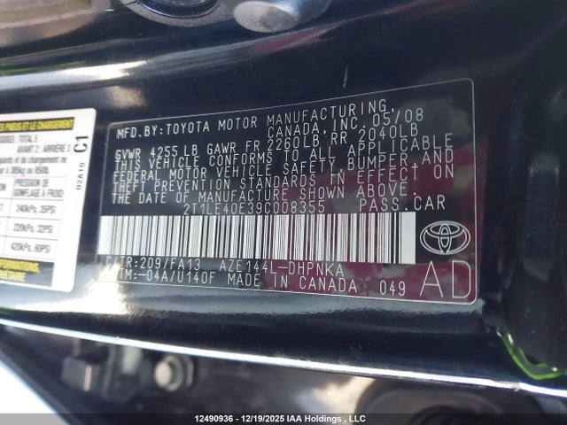 2009 Toyota Matrix S მანქანა იყიდება აუქციონზე, vin: 2T1LE40E39C008355, აუქციონის ნომერი: 12490936