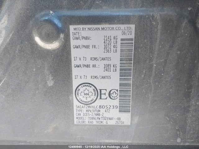 Auction sale of the 2020 Nissan Rogue S/sl/sv, vin: 5N1AT2MVXLC805239, lot number: 12490945
