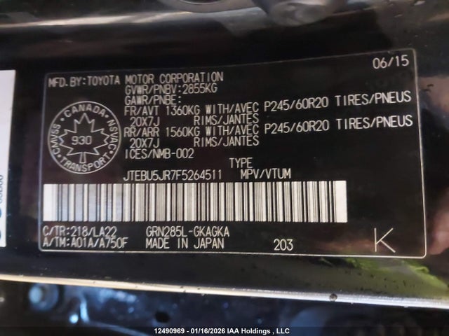 12490969 :رقم المزاد ، JTEBU5JR7F5264511 vin ، 2015 Toyota 4runner Sr5 V6 مزاد بيع
