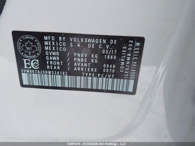 3VWB67AJ3HM338182 Volkswagen Jetta Wolfsburg Edition