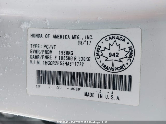 1HGCR2F53HA811722 Honda Accord