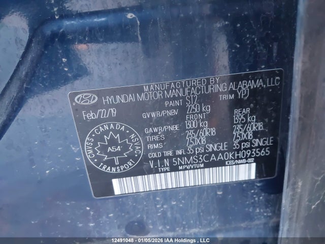 Aukcja sprzedaży 2019 Hyundai Santa Fe Sel/sel Plus, vin: 5NMS3CAA0KH093565, numer aukcji: 12491048