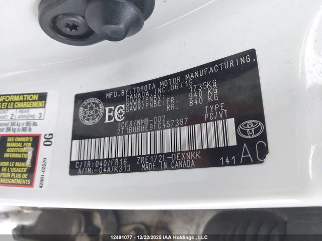 2T1BURHE9FC457387 Toyota Corolla L/le/le Pls/prm/s/s Pls