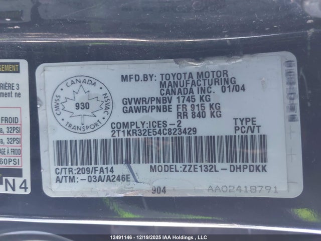 12491146 :رقم المزاد ، 2T1KR32E54C823429 vin ، 2004 Toyota Matrix Xr مزاد بيع