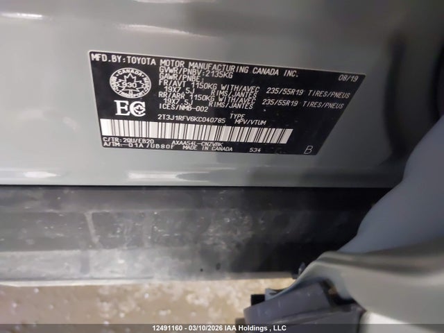 12491160 :رقم المزاد ، 2T3J1RFV6KC040785 vin ، 2019 Toyota Rav4 Trail مزاد بيع