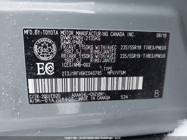 12491160 :رقم المزاد ، 2T3J1RFV6KC040785 vin ، 2019 Toyota Rav4 Trail مزاد بيع