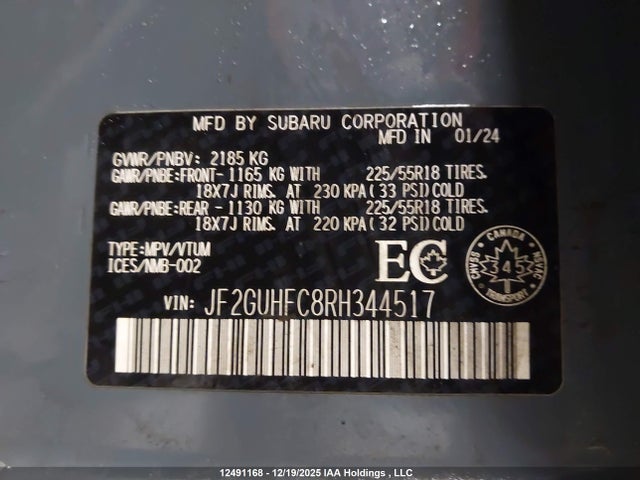 2024 Subaru Crosstrek Onyx მანქანა იყიდება აუქციონზე, vin: JF2GUHFC8RH344517, აუქციონის ნომერი: 12491168