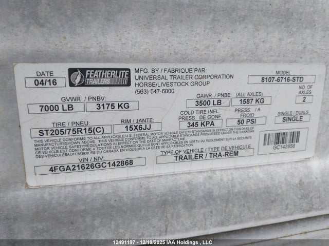 4FGA21626GC142868 Featherlite Mfg Inc Featherlite Mfg Inc