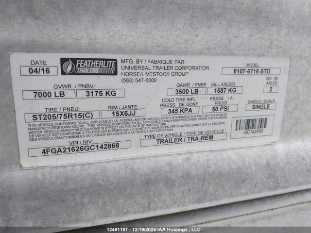 4FGA21626GC142868 Featherlite Mfg Inc Featherlite Mfg Inc