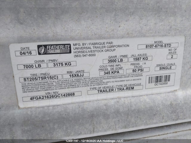 4FGA21626GC142868 Featherlite Mfg Inc Featherlite Mfg Inc