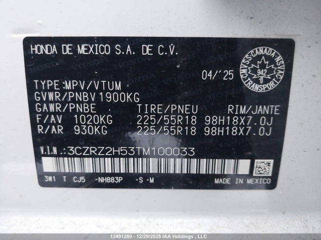 3CZRZ2H53TM100033 Honda HR-V