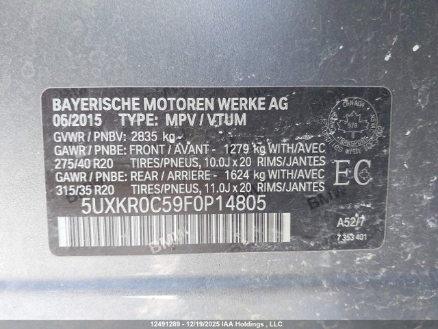 Продаж на аукціоні авто 2015 Bmw X5 Xdrive35i, vin: 5UXKR0C59F0P14805, номер лоту: 12491289