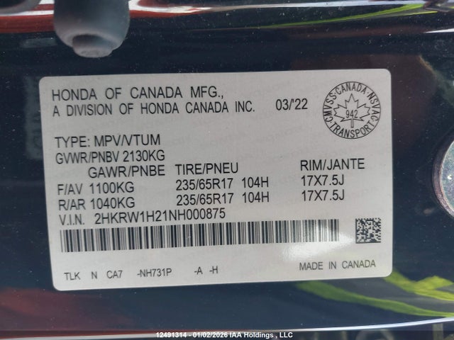 2HKRW1H21NH000875 Honda CR-V LX