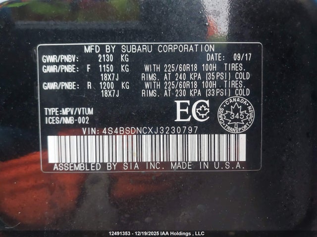 4S4BSDNCXJ3230797 Subaru Outback 2.5i Limited