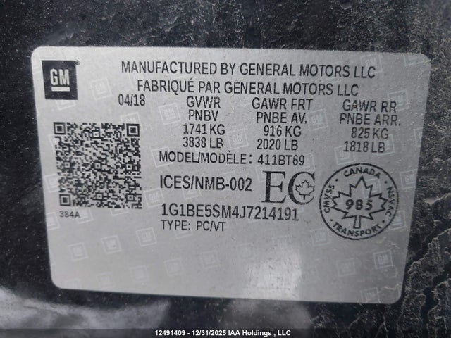 2018 Chevrolet Cruze მანქანა იყიდება აუქციონზე, vin: 1G1BE5SM4J7214191, აუქციონის ნომერი: 12491409