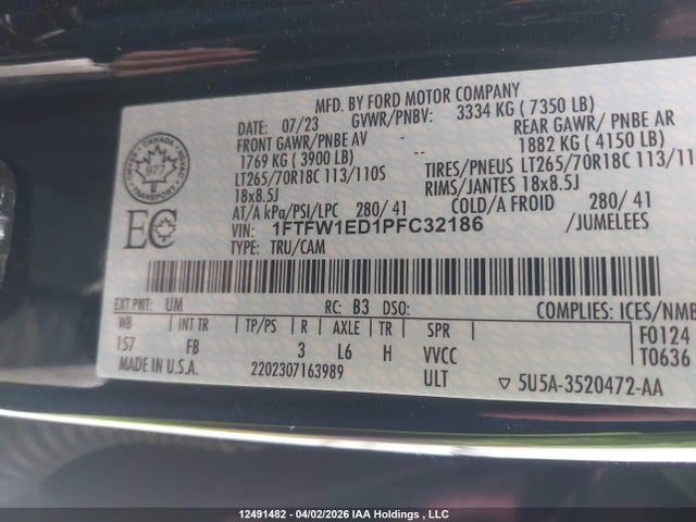 Aukcja sprzedaży 2023 Ford F-150 Xlt, vin: 1FTFW1ED1PFC32186, numer aukcji: 12491482