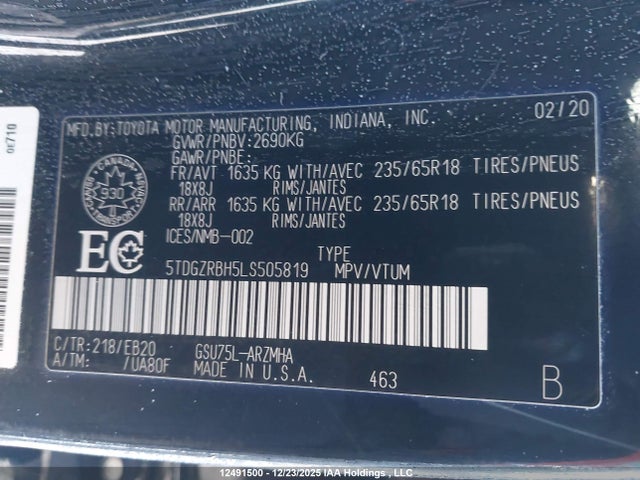 5TDGZRBH5LS505819 Toyota Highlander Xle
