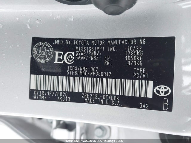 12491522 :رقم المزاد ، 5YFBPMBE4NP380347 vin ، 2022 Toyota Corolla مزاد بيع