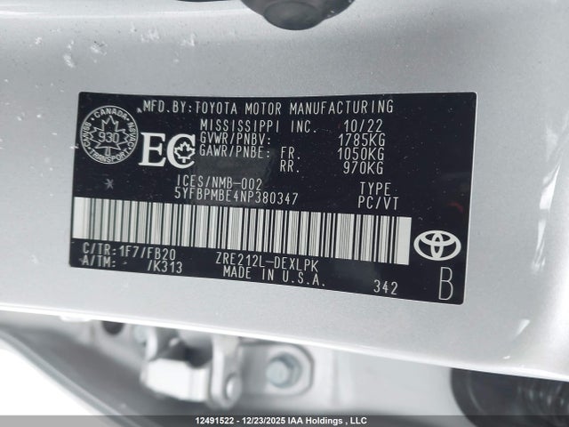 12491522 :رقم المزاد ، 5YFBPMBE4NP380347 vin ، 2022 Toyota Corolla مزاد بيع