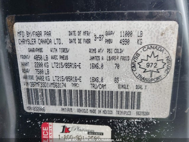 12491572 :رقم المزاد ، 3B7MF33D1VM563174 vin ، 1997 Dodge Ram 3500 مزاد بيع