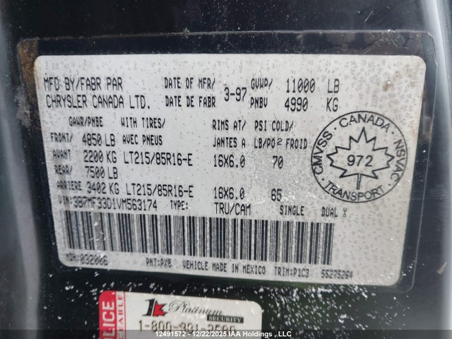 12491572 :رقم المزاد ، 3B7MF33D1VM563174 vin ، 1997 Dodge Ram 3500 مزاد بيع