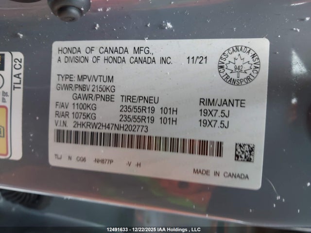 2HKRW2H47NH202773 Honda Cr-v Sport