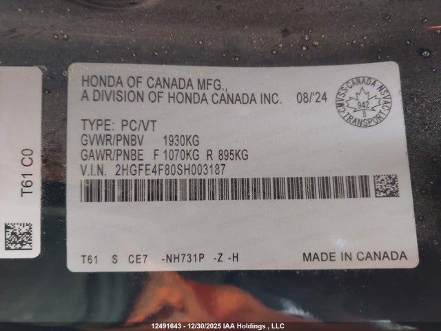 2025 Honda Civic Hybrid Sport/sport Touring მანქანა იყიდება აუქციონზე, vin: 2HGFE4F80SH003187, აუქციონის ნომერი: 12491643