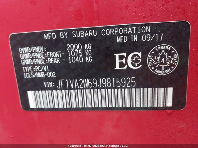 12491645 :رقم المزاد ، JF1VA2W69J9815925 vin ، 2018 Subaru Wrx Sti Sport-tech W/wing مزاد بيع