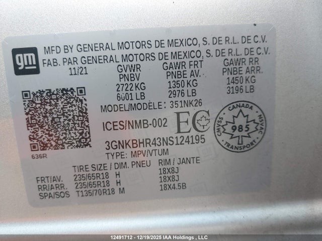 3GNKBHR43NS124195 Chevrolet Blazer Lt