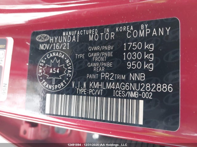 12491894 :رقم المزاد ، KMHLM4AG6NU282886 vin ، 2022 Hyundai Elantra Sel مزاد بيع