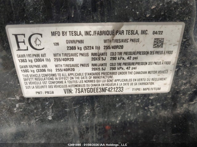 7SAYGDEE3NF421233 Tesla Model Y