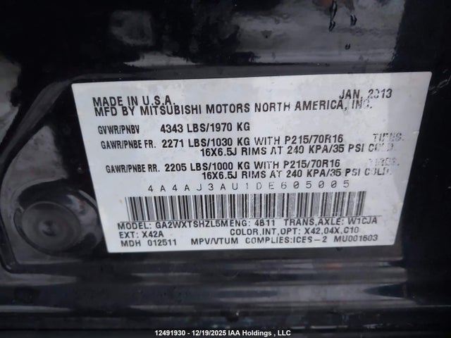 Aukcja sprzedaży 2013 Mitsubishi Rvr Se, vin: 4A4AJ3AU1DE605005, numer aukcji: 12491930