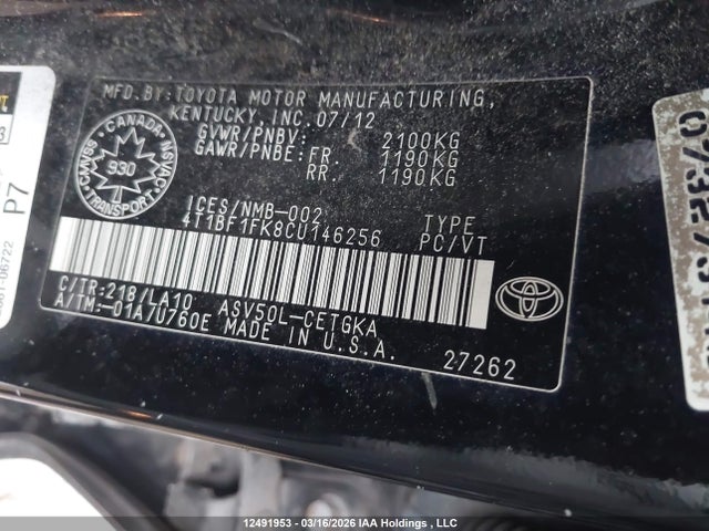 12491953 :رقم المزاد ، 4T1BF1FK8CU146256 vin ، 2012 Toyota Camry Xle مزاد بيع